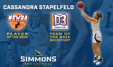 SPRINGFIELD, Mass./BLOOMINGTON, Minn. ? Simmons University?s Cassandra Stapelfeld (Brookline, N.H.) was named the New England Women?s Basketball Association Player of the Week and to the D3hoops.com Team of the Week presented by Scoutware for the week of November 19-25, it was announced today.