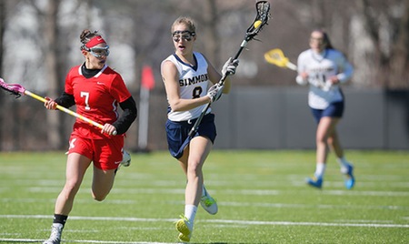 HENNIKER, N.H. --Junior midfielderAna Giarrusso (Hingham, Mass.)matched her career high with four goals to lead the Simmons College women's lacrosse team to a 16-8 victory over host New England College this evening at Don Melander Field in Henniker, N.H. The Sharks improve to 4-1 on the season for their best start since 2013 when they won seven of their first eight games to begin the year, while the Pilgrims fall to 1-2.