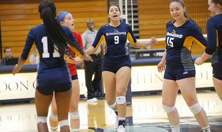 BOSTON, Mass. ? First year Jarene Harberts (Naples, Fla.) smashed a match-high 15 kills to lead the second-seeded Simmons College women?s volleyball team to a 3-0 (25-20, 25-21, 25-20) victory over visiting number three seed Rivier University this evening in the Great Northeast Athletic Conference Championship Tournament Semifinals at Moore Gymnasium in Boston, Mass. The Sharks win their school-record 12th straight match to improve to 21-9 on the year to set a school mark for wins in a season. The Raiders fall to 20-12.