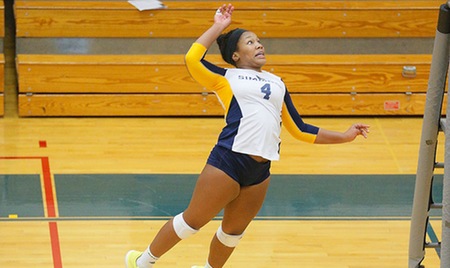 BOSTON, Mass. --First yearKrissy Lloyd (Tampa, Fla.)put down 11 kills to help the Simmons University Volleyball team to a 3-1 (25-20, 17-25, 25-18, 25-19) victory over cross-street rival Emmanuel College (Mass.) this evening on Andy Yosinoff Court in the Jean Yawkey Center in Boston, Mass. The Sharks improve to 8-10 overall and 4-3 in league play, while the Saints fall to 7-10 and 4-3.