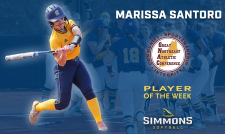 WINTHROP, Mass. ? Simmons University?s Marissa Santoro (Franklin, Mass.) was named the Great Northeast Athletic Conference Softball Player of the Week for the week of March 25-31, it was announced today by the league.
